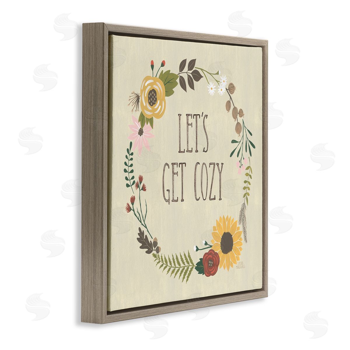 Laura Marshall Let's Get Cozy Floral Wreath Brown Floating Frame Canvas Wall Art Print