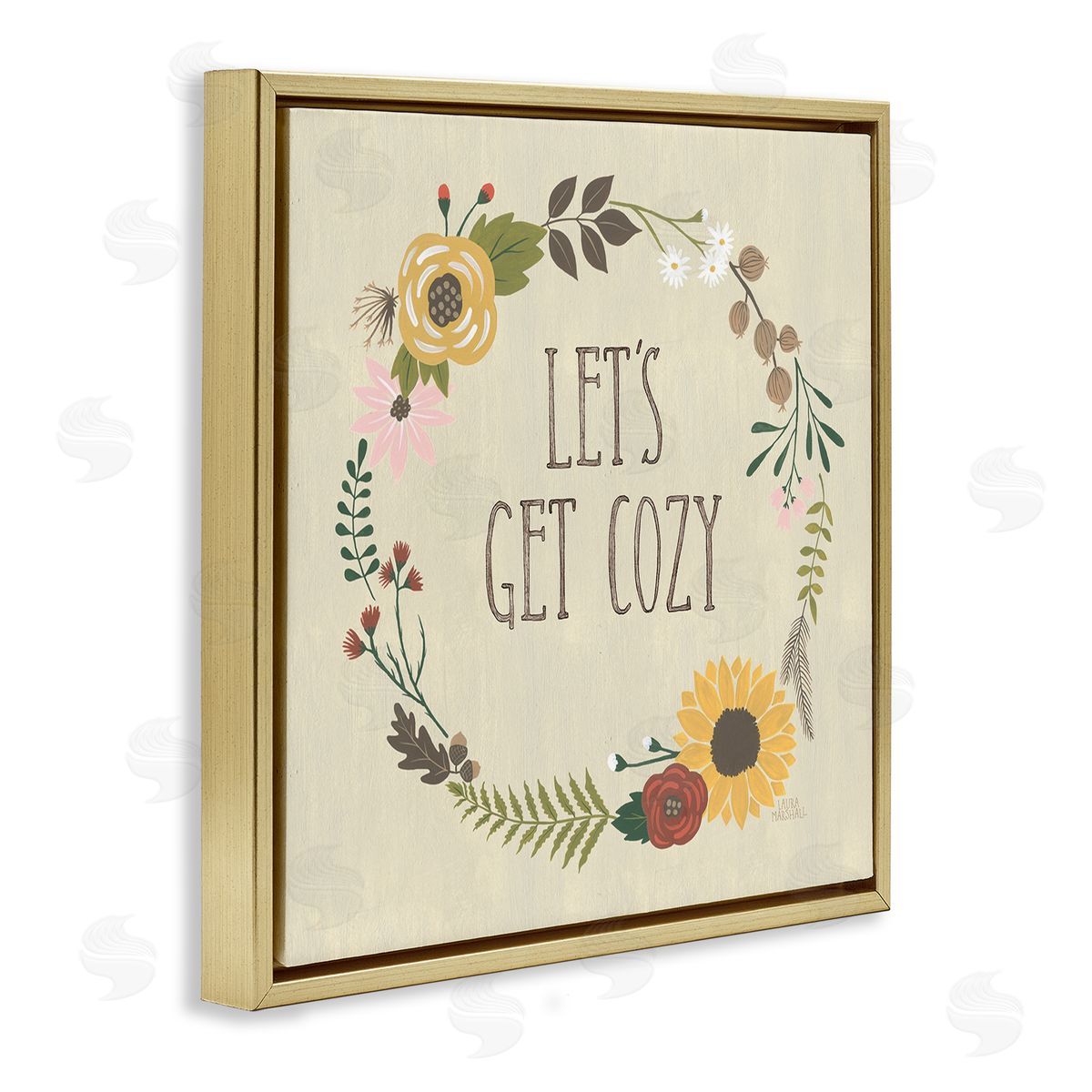 Laura Marshall Let's Get Cozy Floral Wreath Gold Floating Frame Canvas Wall Art Print