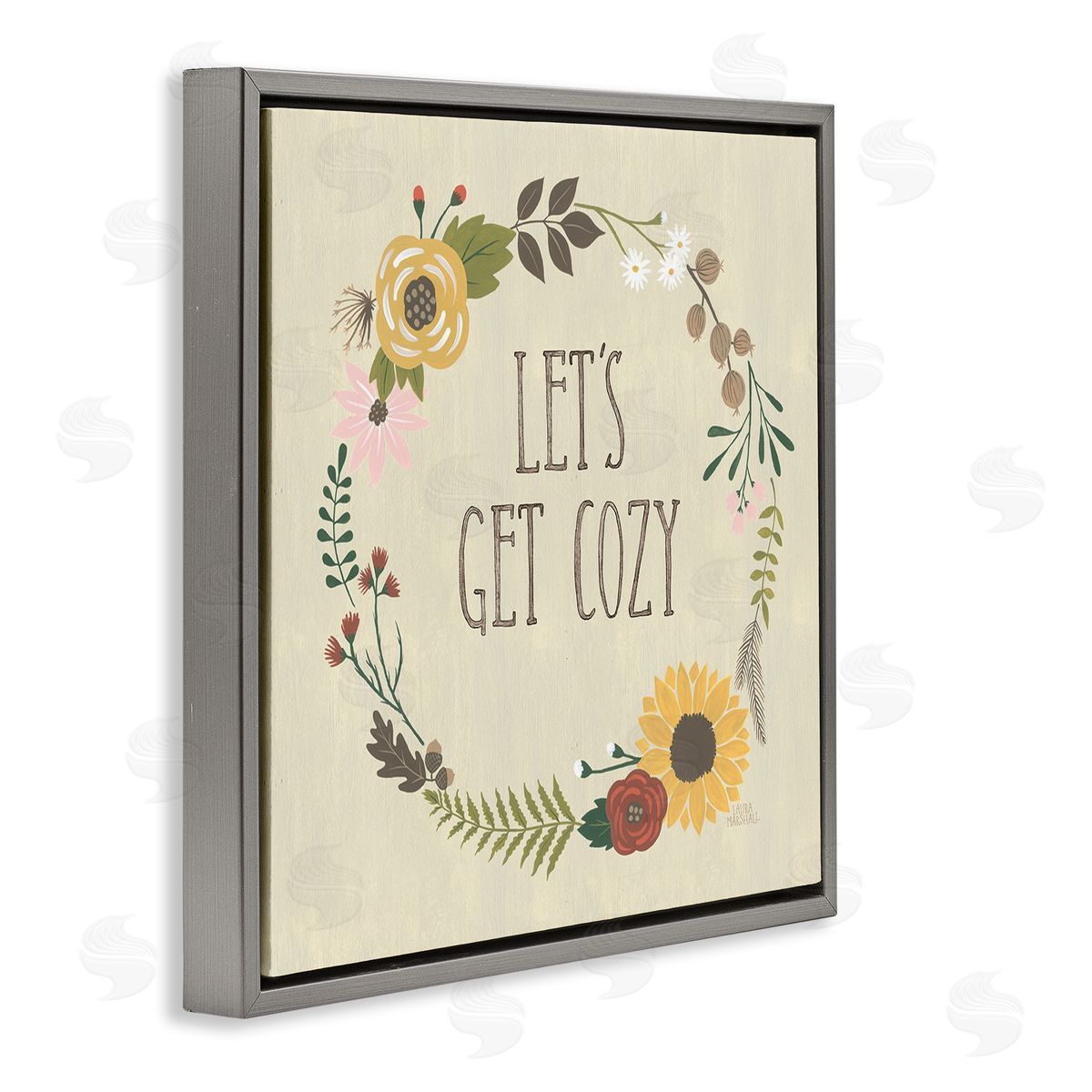 Laura Marshall Let's Get Cozy Floral Wreath Gray Floating Frame Canvas Wall Art Print