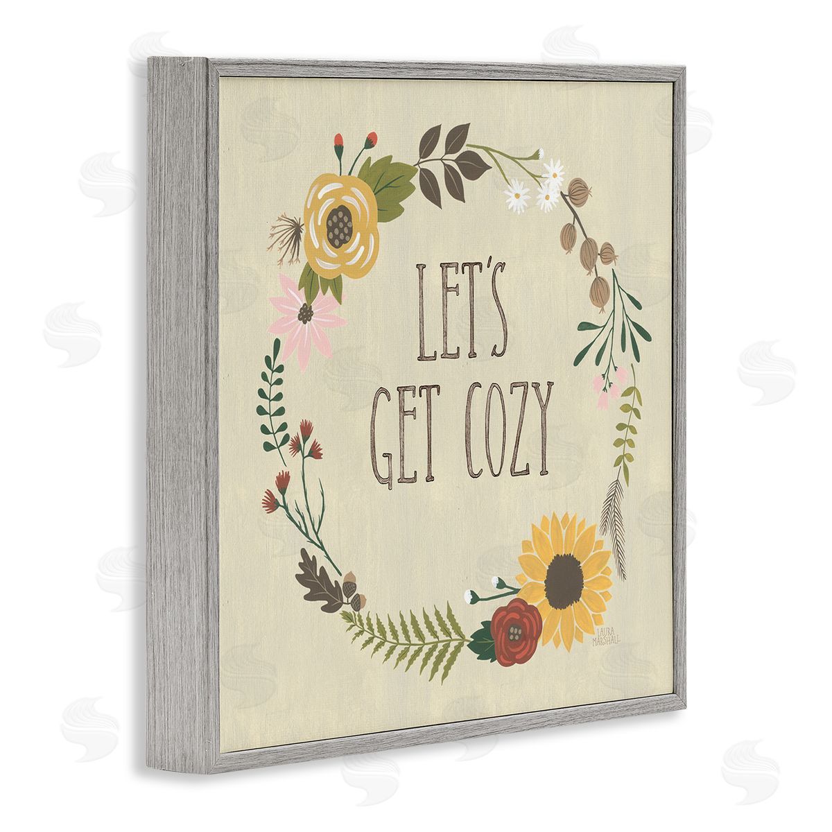 Laura Marshall Let's Get Cozy Floral Wreath Gray Framed Glicee Wall Art Print