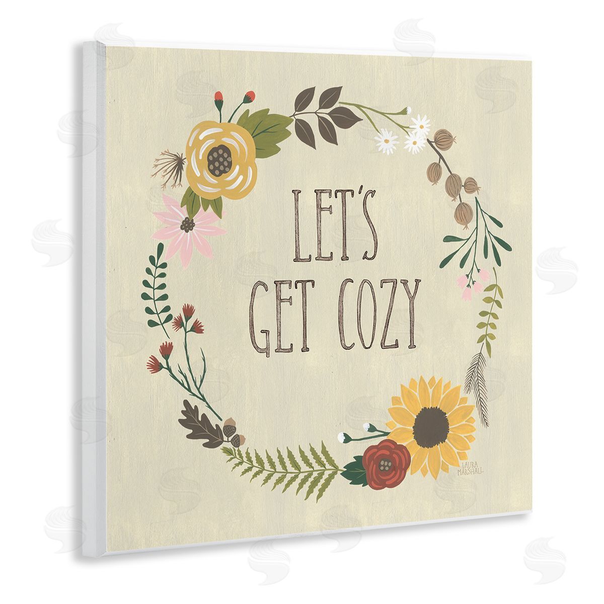 Laura Marshall Let's Get Cozy Floral Wreath Wooden Wall Plaque Art Print