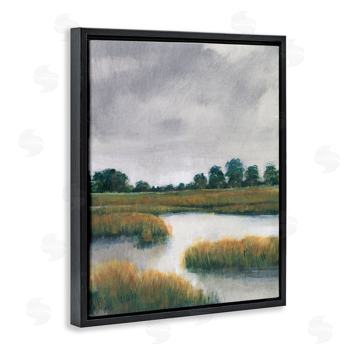 Cloudy Rural Marsh Landscape Black Floating Frame Canvas Wall Art, Home Decor by Tim OToole