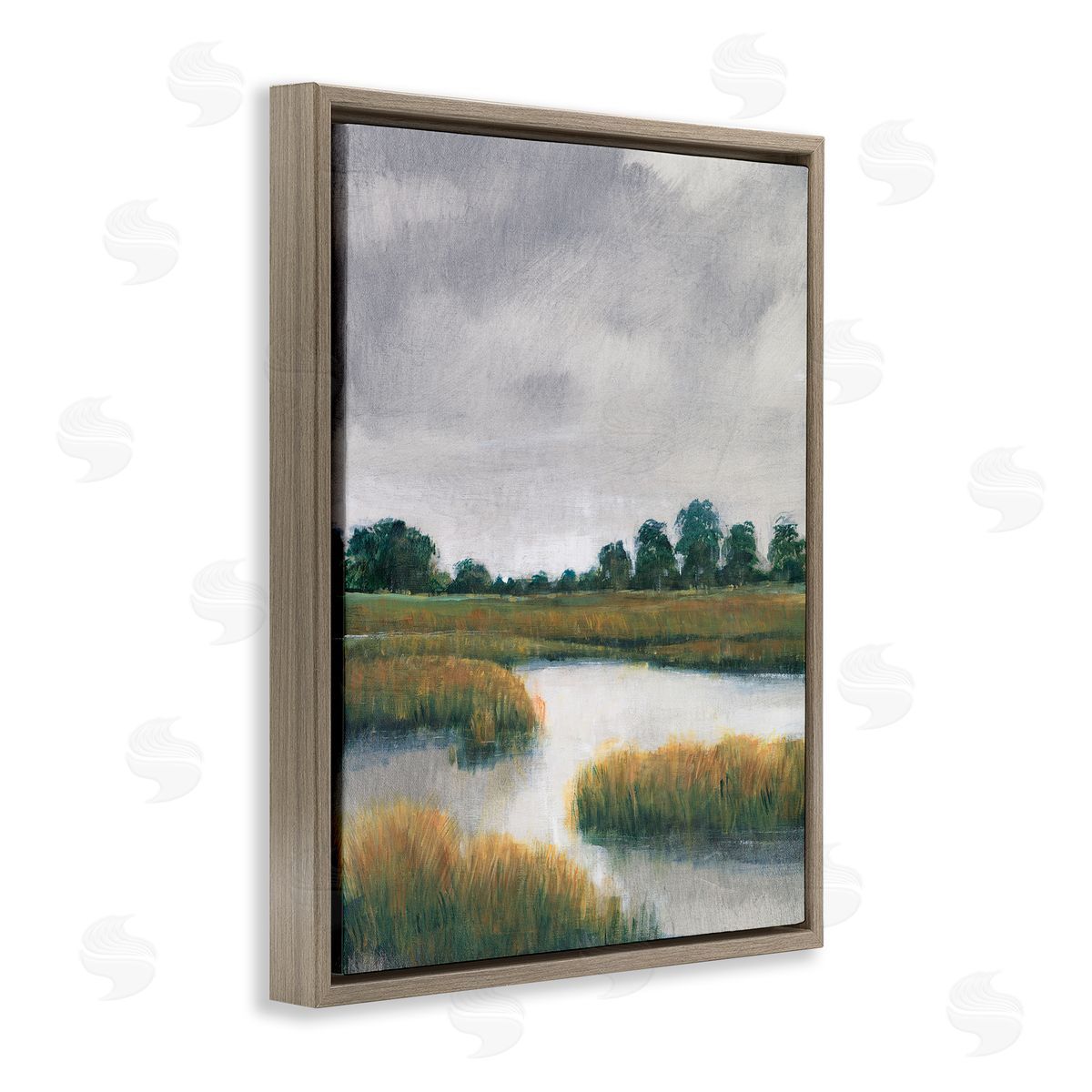 Cloudy Rural Marsh Landscape Brown Floating Frame Canvas Wall Art, Home Decor by Tim OToole