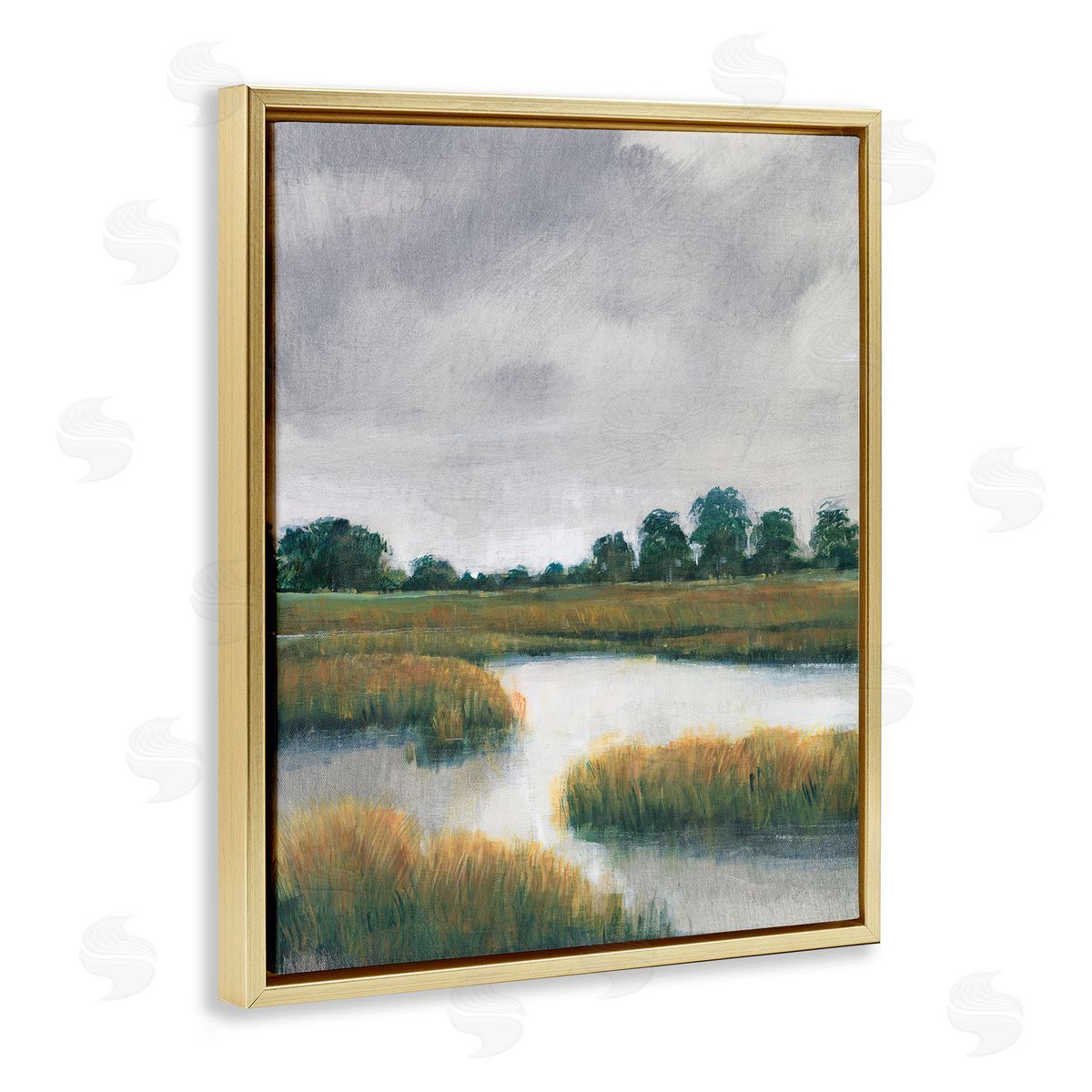 Cloudy Rural Marsh Landscape Gold Floating Frame Canvas Wall Art, Home Decor by Tim OToole