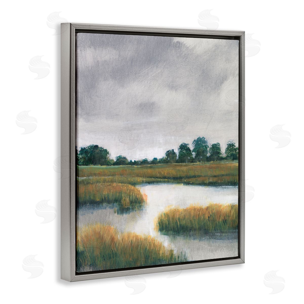 Cloudy Rural Marsh Landscape Grey Floating Frame Canvas Wall Art, Home Decor by Tim OToole