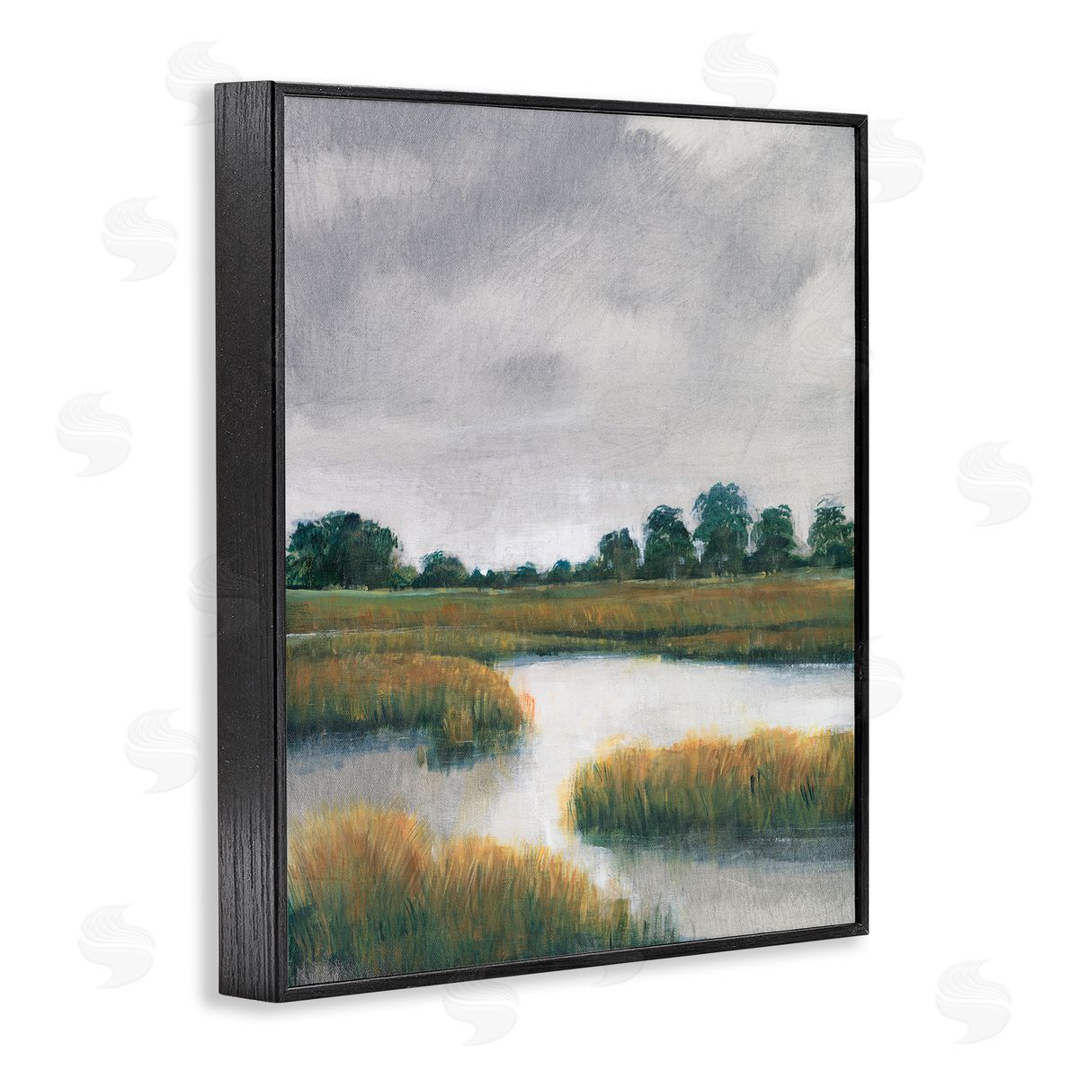 Cloudy Rural Marsh Landscape Black Frame Print Wall Art, Home Decor by Tim OToole