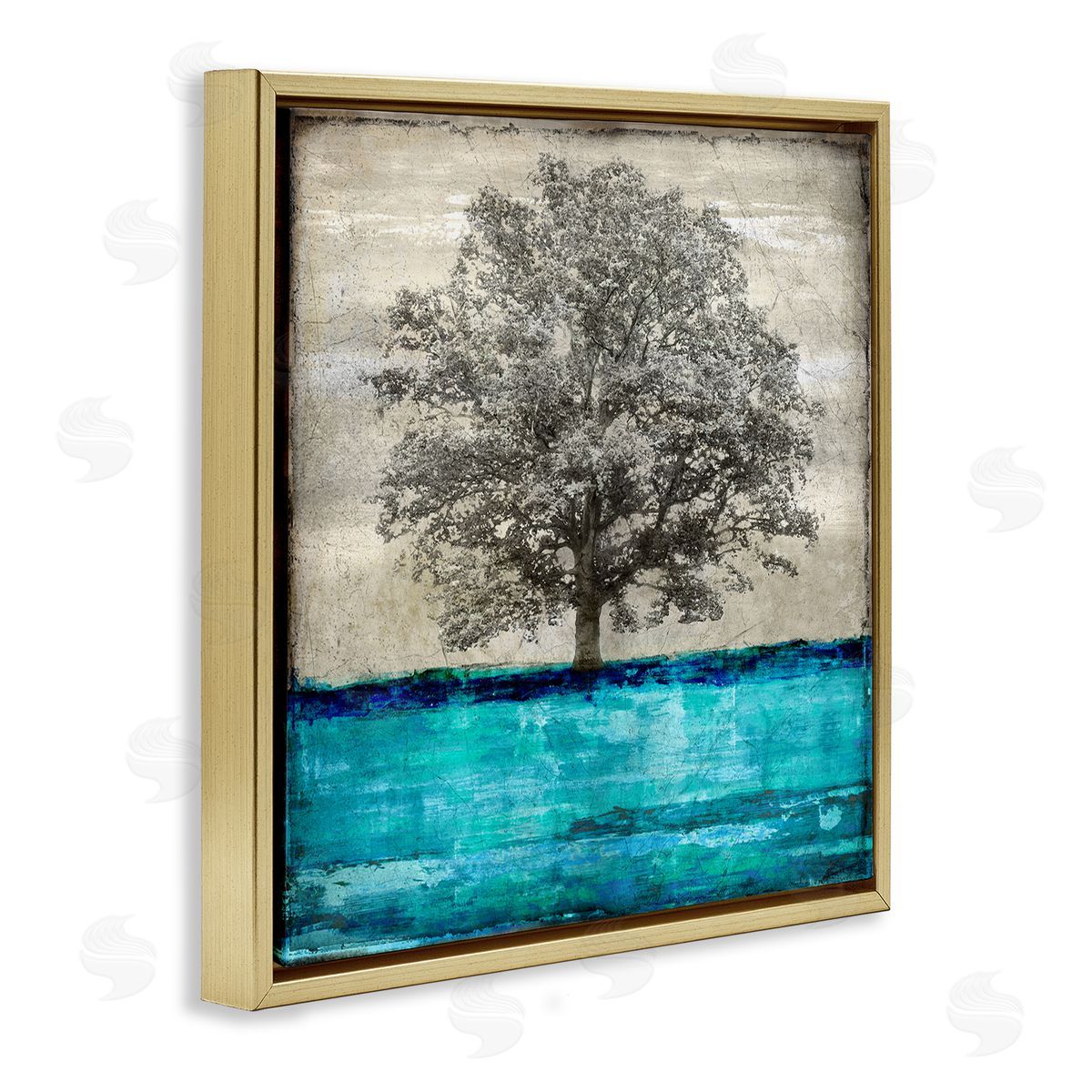 Eric Turner Modern Turquoise Tree Collage Gold Floating Frame Canvas Wall Art Print