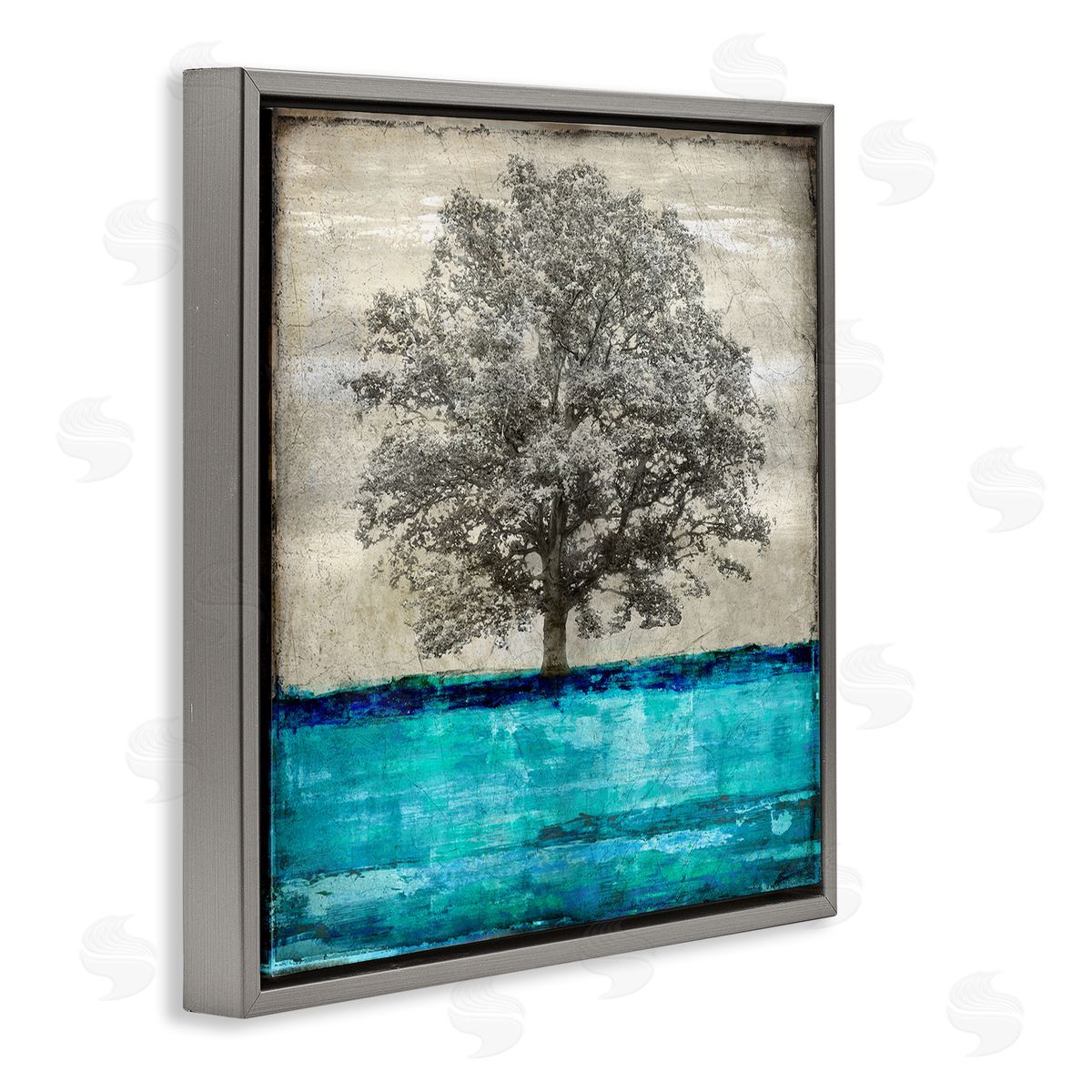 Eric Turner Modern Turquoise Tree Collage Gray Floating Frame Canvas Wall Art Print