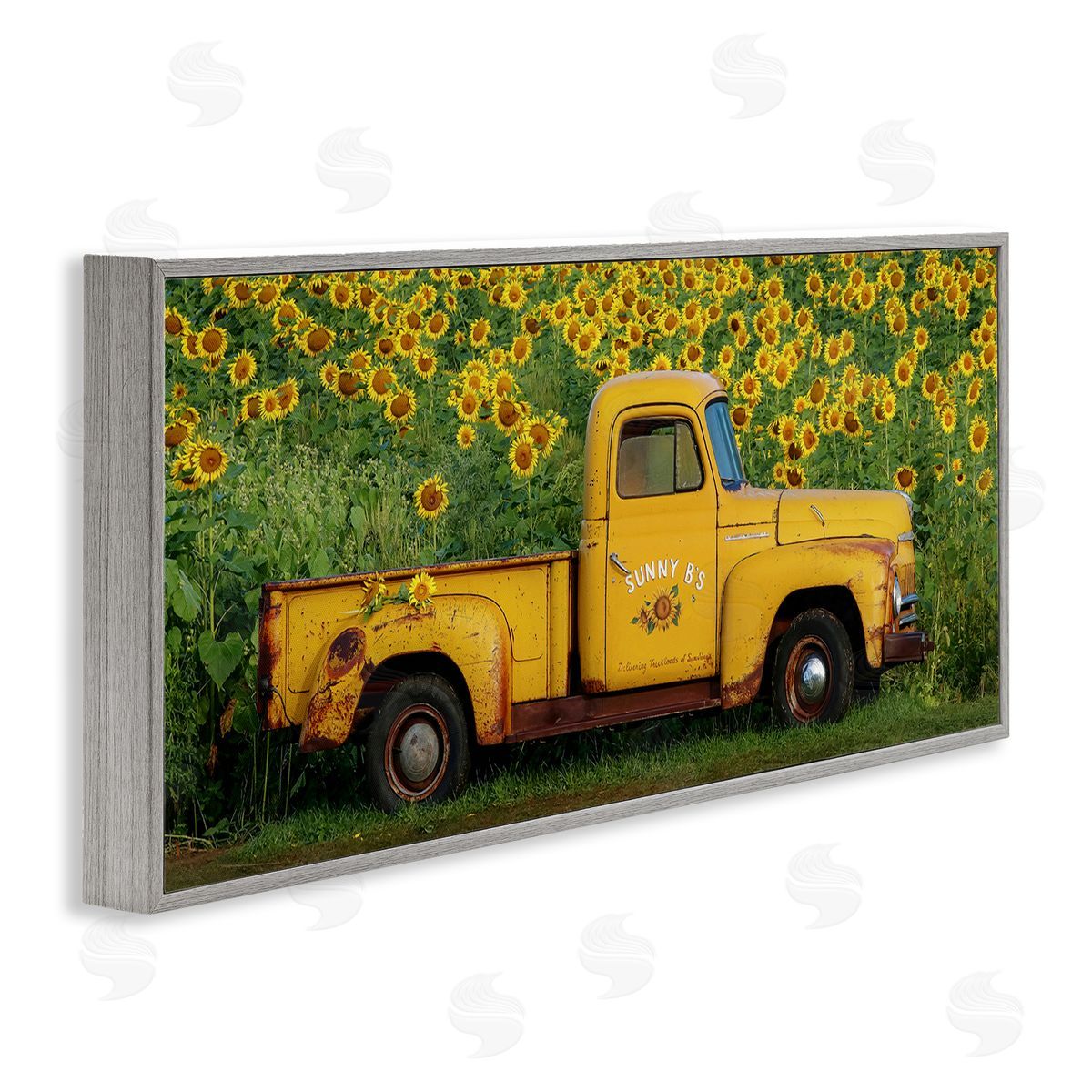 Yellow Pickup in Sunflower Field Grey Frame Print Wall Art, Home Decor by Carrie Ann Grippo-Pike