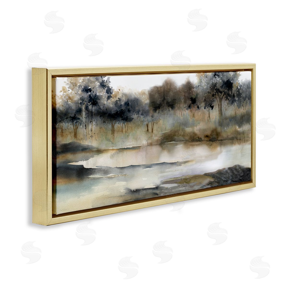 Trees By Lakeside Landscape Gold Floating Frame Canvas Wall Art, Home Decor by Carol Robinson