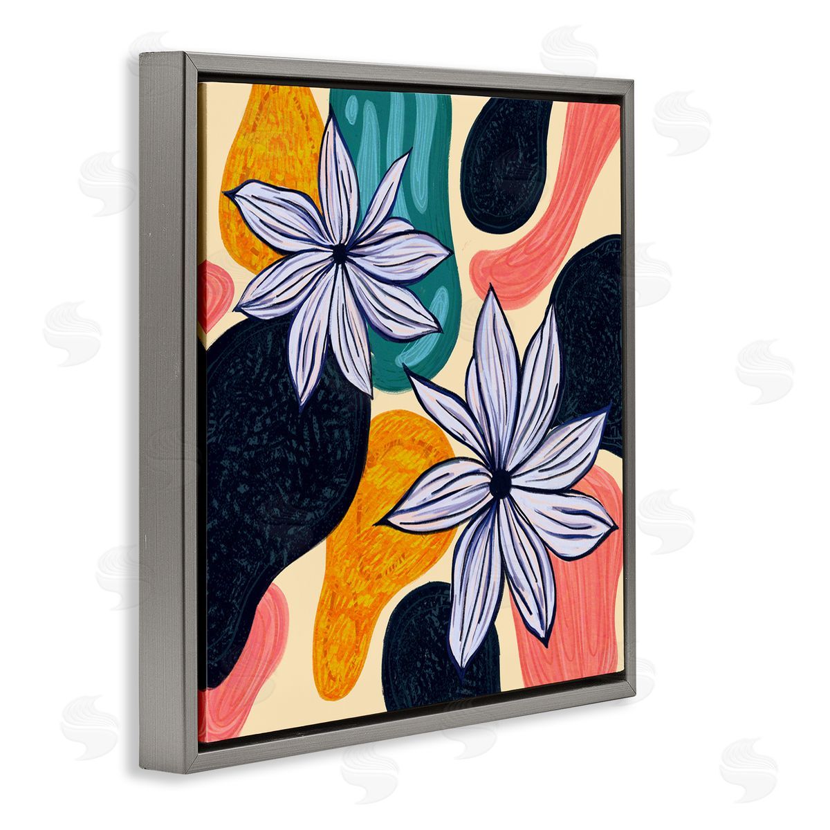 Ziwei Li Retro Floral Shapes Arrangement Gray Floating Frame Canvas Wall Art Print