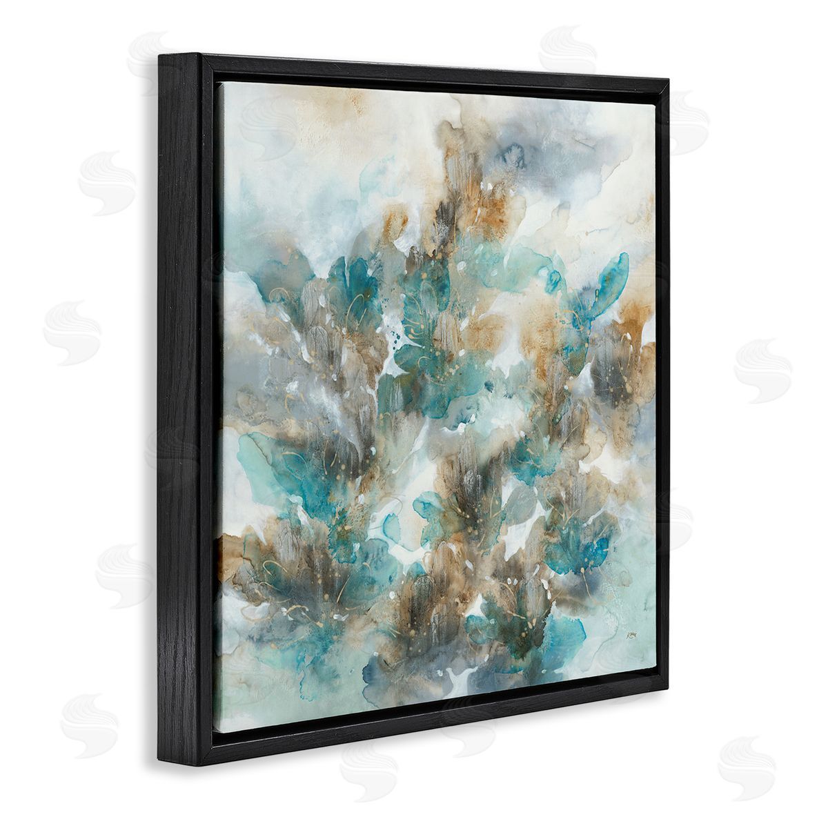 K. Nari Blue Floral Petals Abstract Black Floating Frame Canvas Wall Art Print