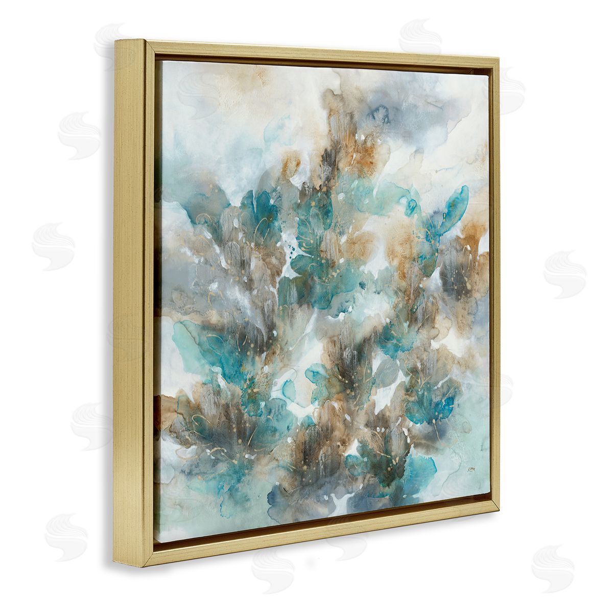 K. Nari Blue Floral Petals Abstract Gold Floating Frame Canvas Wall Art Print