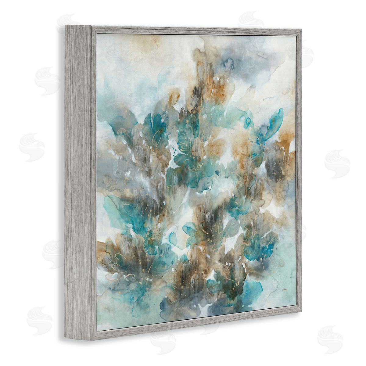 K. Nari Blue Floral Petals Abstract Gray Framed Glicee Wall Art Print