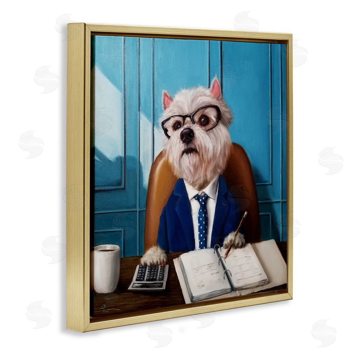 Lucia Heffernan Office Worker Terrier Dog Gold Floating Frame Canvas Wall Art Print