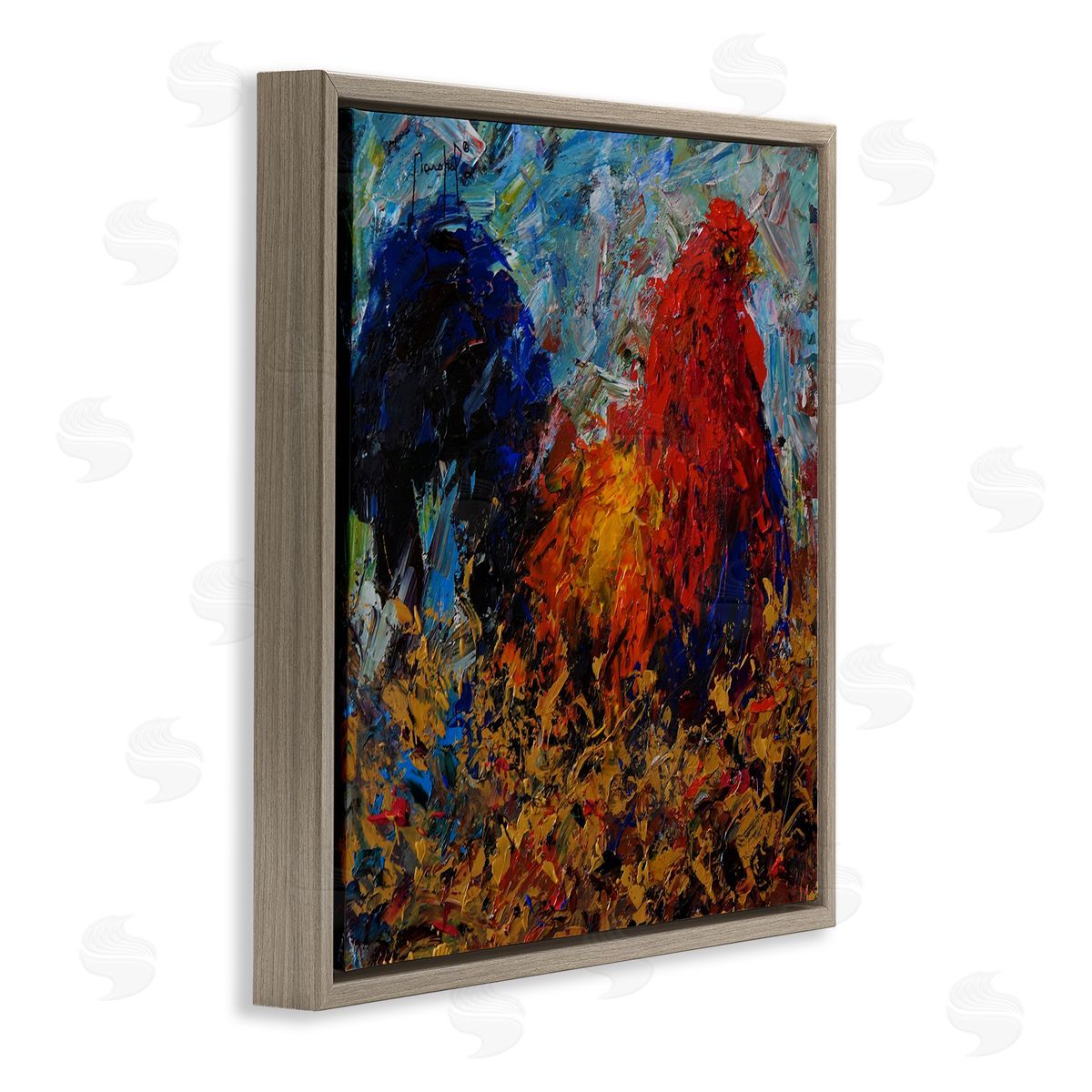Joseph Marshal Foster Impressionist Rooster Modern Portrait Brown Floating Frame Canvas Wall Art Print