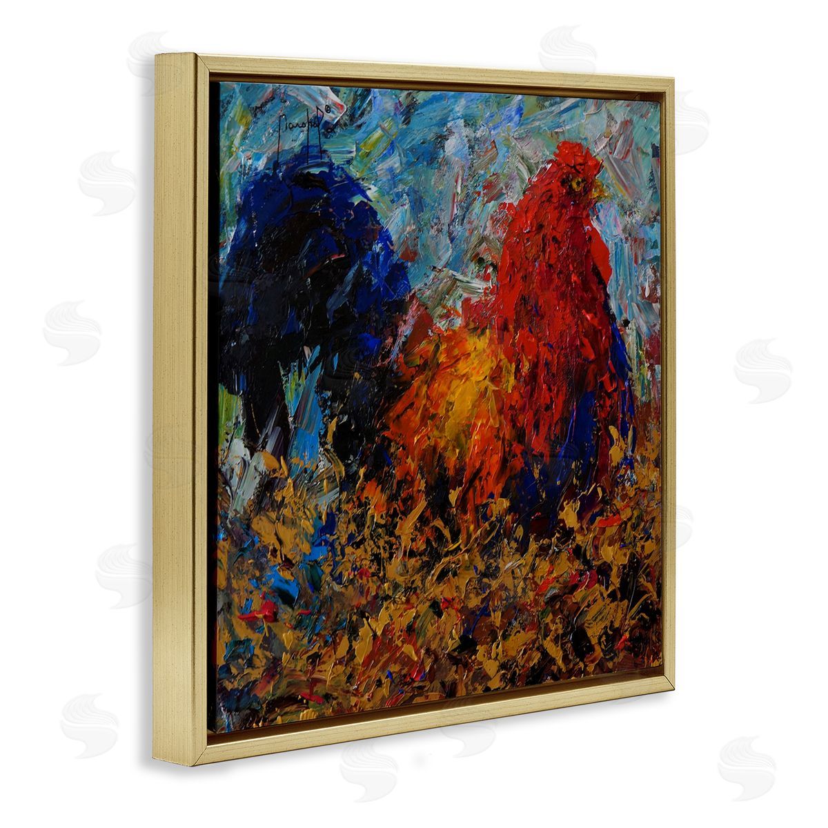 Joseph Marshal Foster Impressionist Rooster Modern Portrait Gold Floating Frame Canvas Wall Art Print