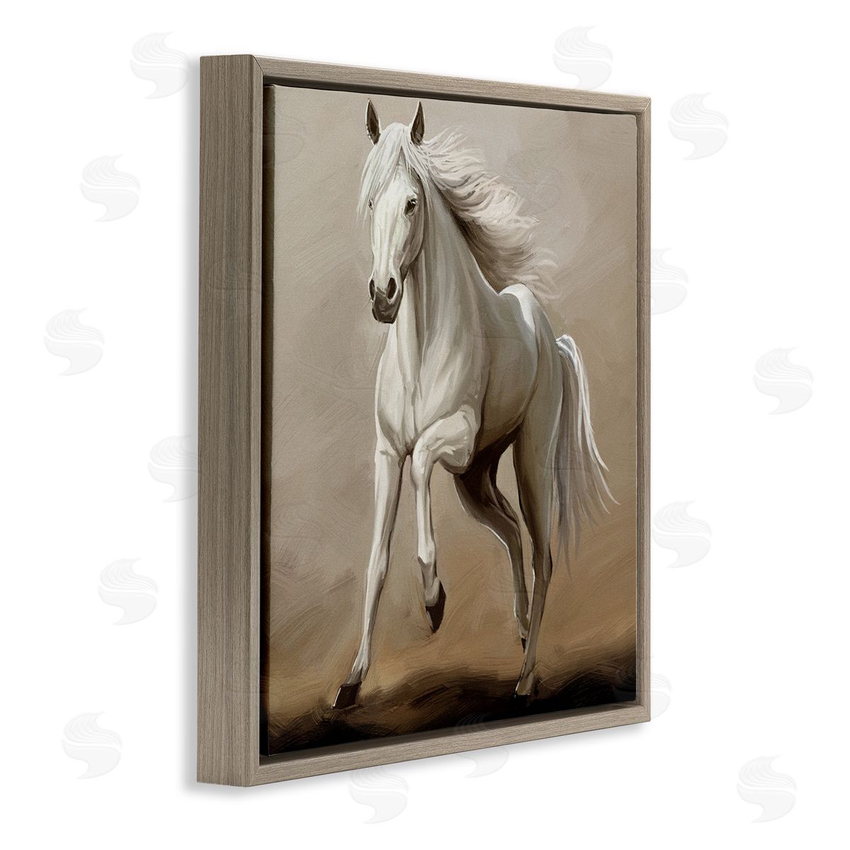Ziwei Li Galloping Horse White Stallion Brown Floating Frame Canvas Wall Art Print