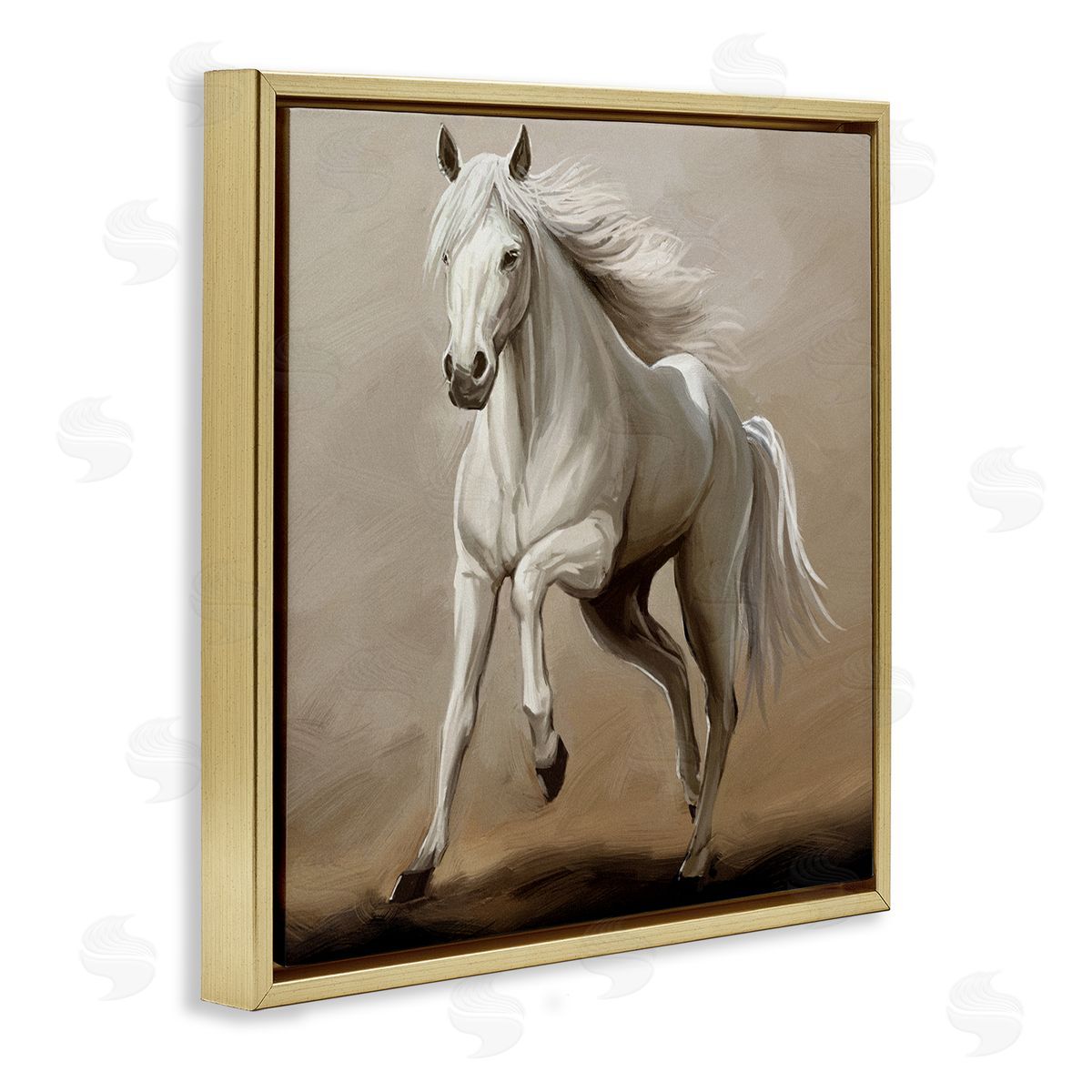 Ziwei Li Galloping Horse White Stallion Gold Floating Frame Canvas Wall Art Print