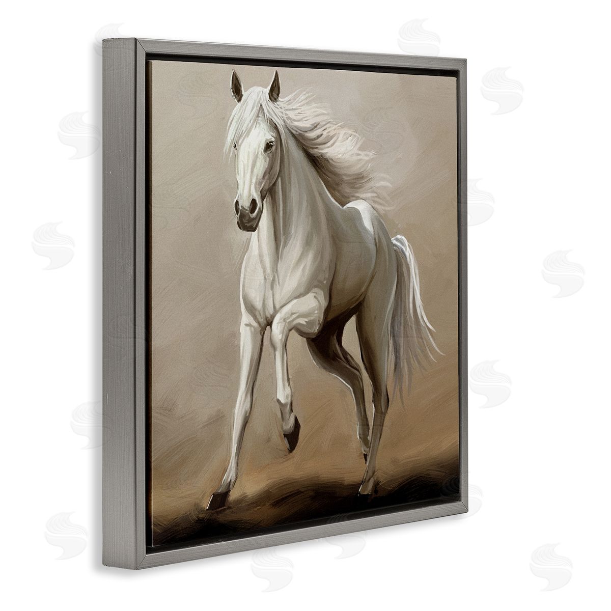 Ziwei Li Galloping Horse White Stallion Gray Floating Frame Canvas Wall Art Print