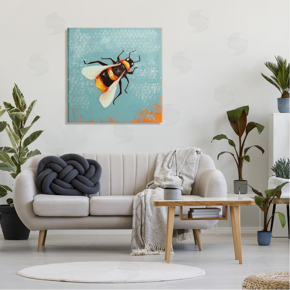 Lucia Stewart Bumble Bee Blue Hive Pattern Canvas Wall Art in Room