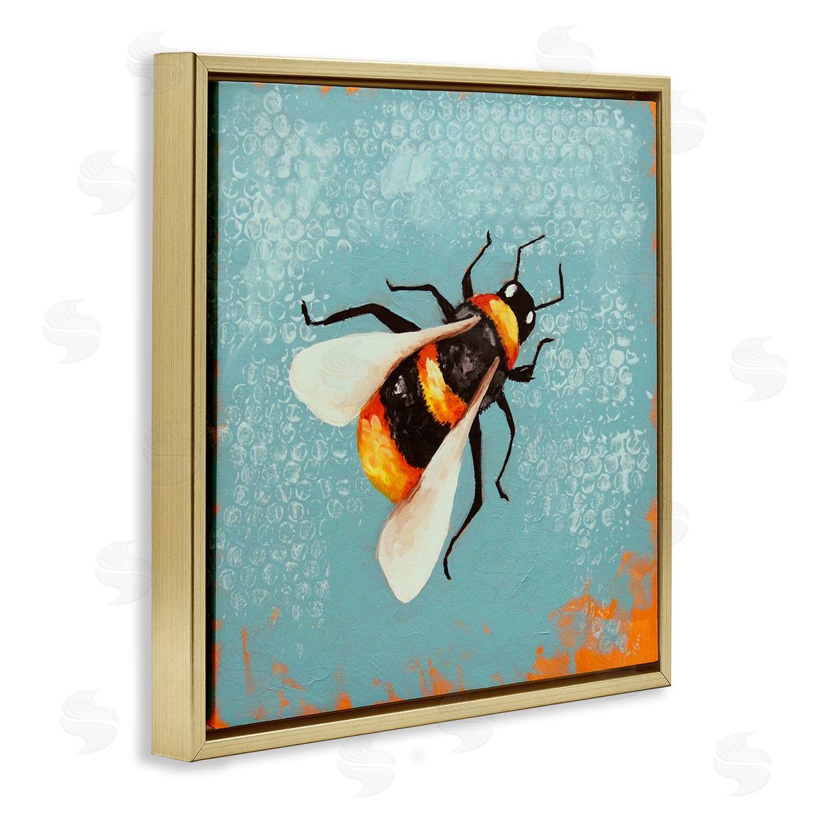 Lucia Stewart Bumble Bee Blue Hive Pattern Gold Floating Frame Canvas Wall Art Print