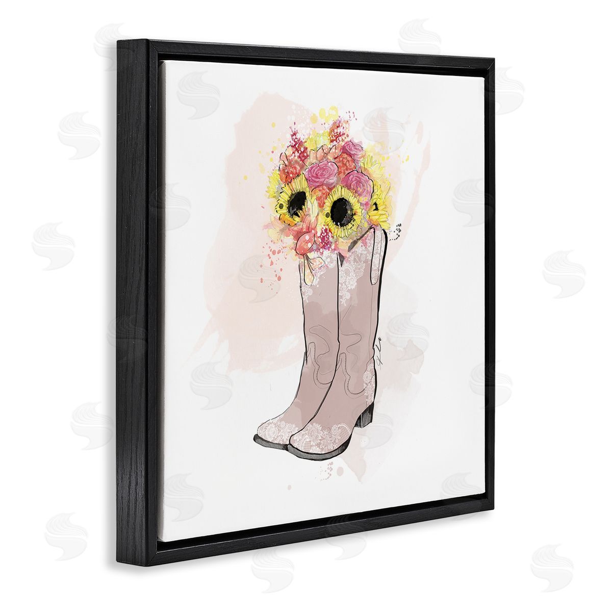 Alison Petrie SunBouquet Cowboy Boots Black Floating Frame Canvas Wall Art Print