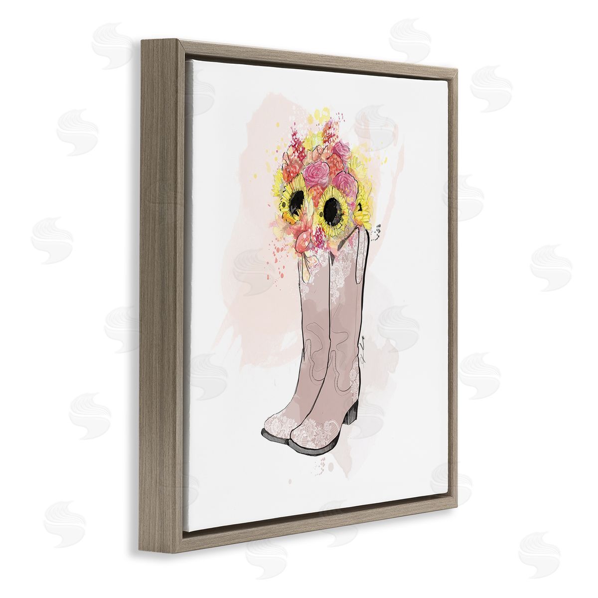Alison Petrie SunBouquet Cowboy Boots Brown Floating Frame Canvas Wall Art Print