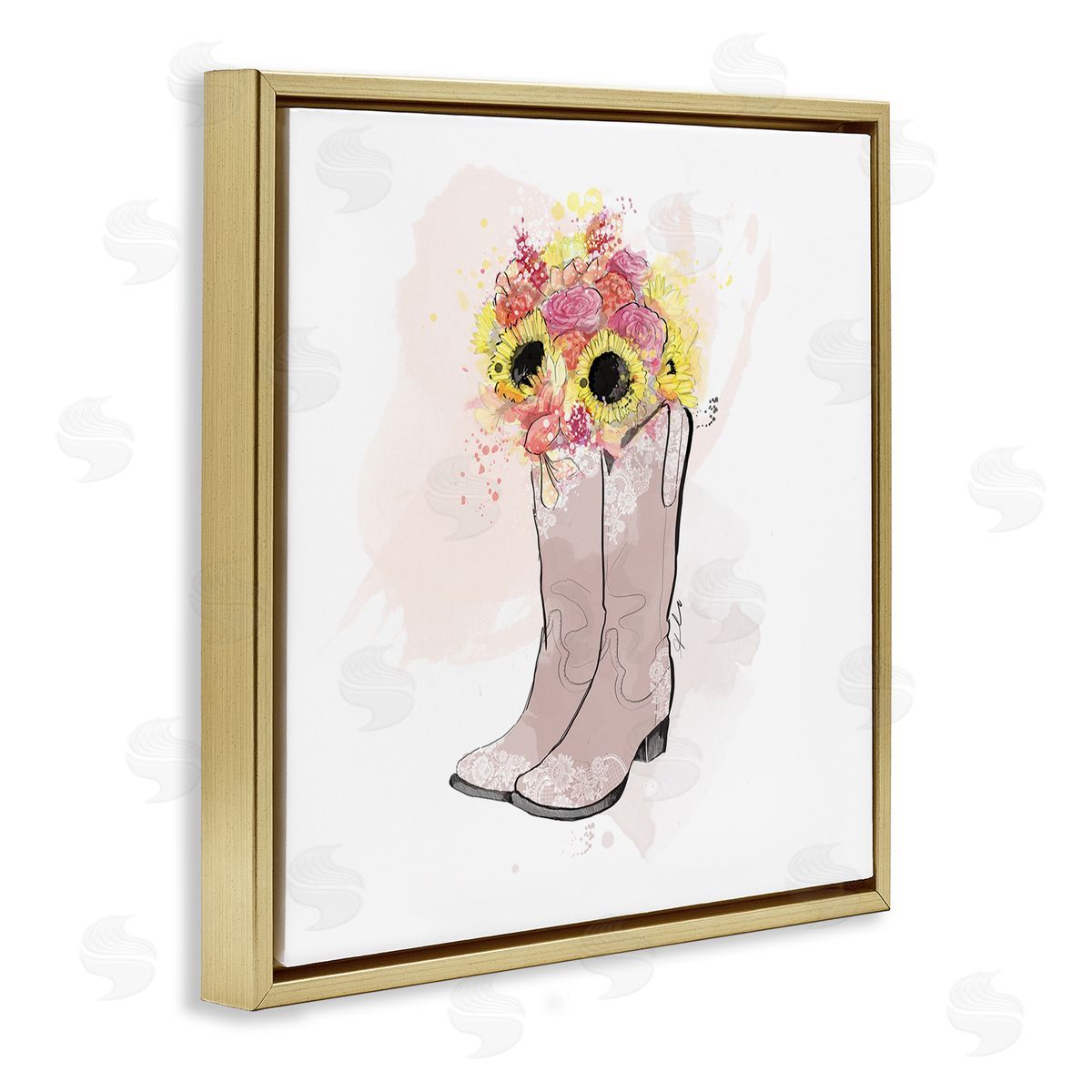 Alison Petrie SunBouquet Cowboy Boots Gold Floating Frame Canvas Wall Art Print