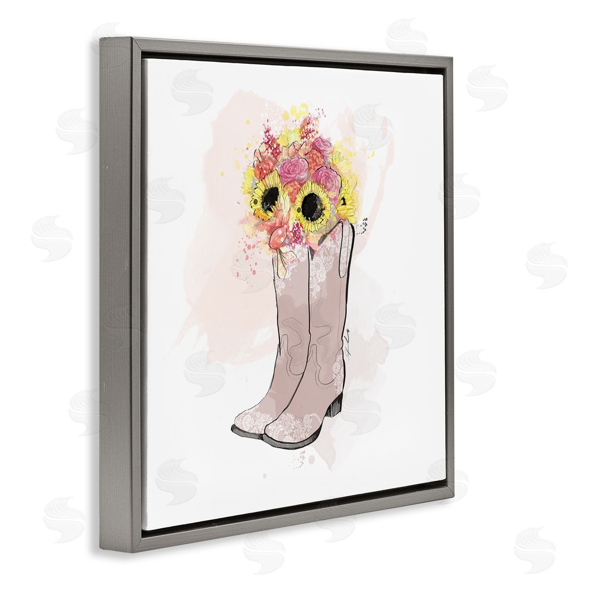 Alison Petrie SunBouquet Cowboy Boots Gray Floating Frame Canvas Wall Art Print