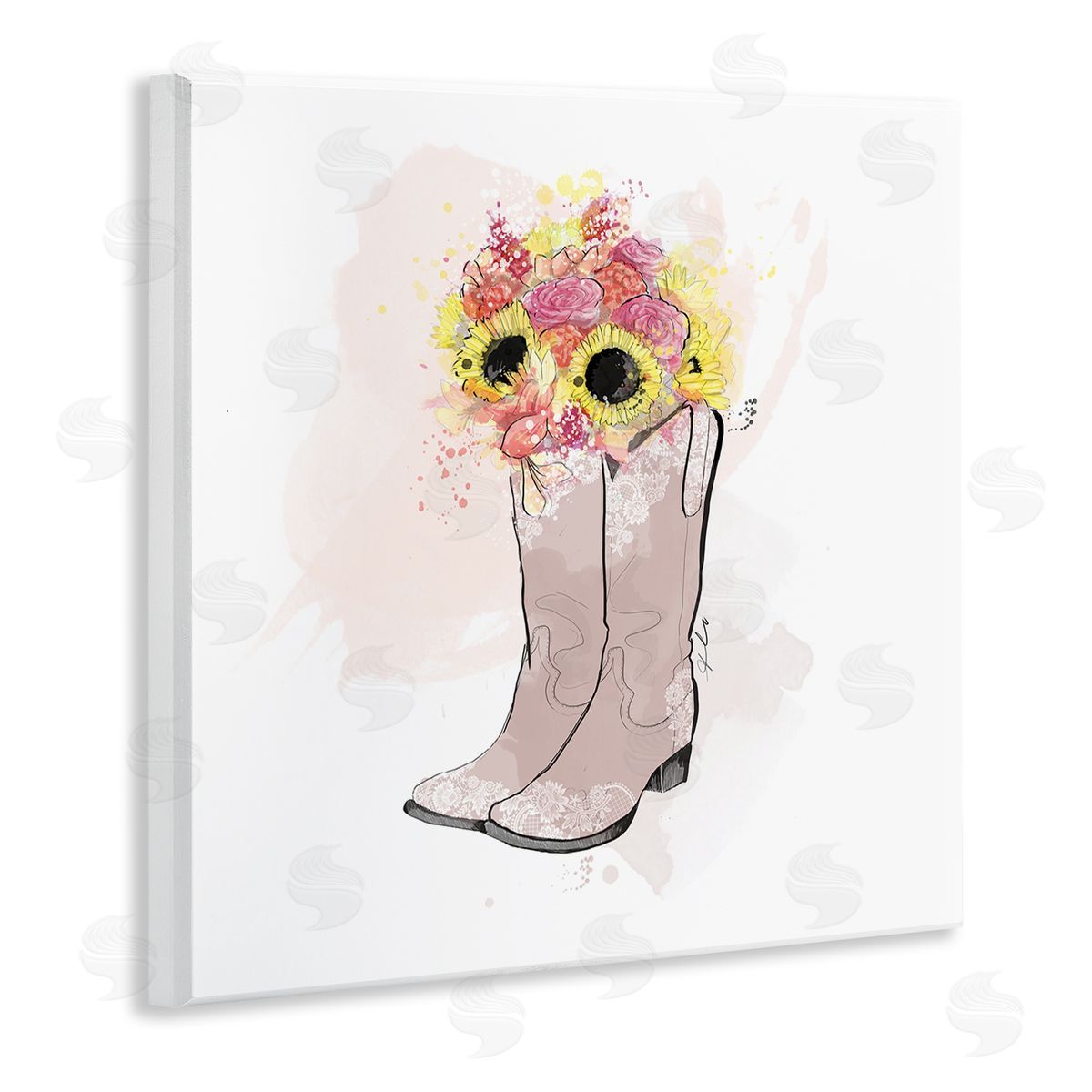 Alison Petrie SunBouquet Cowboy Boots Wooden Wall Plaque Art Print