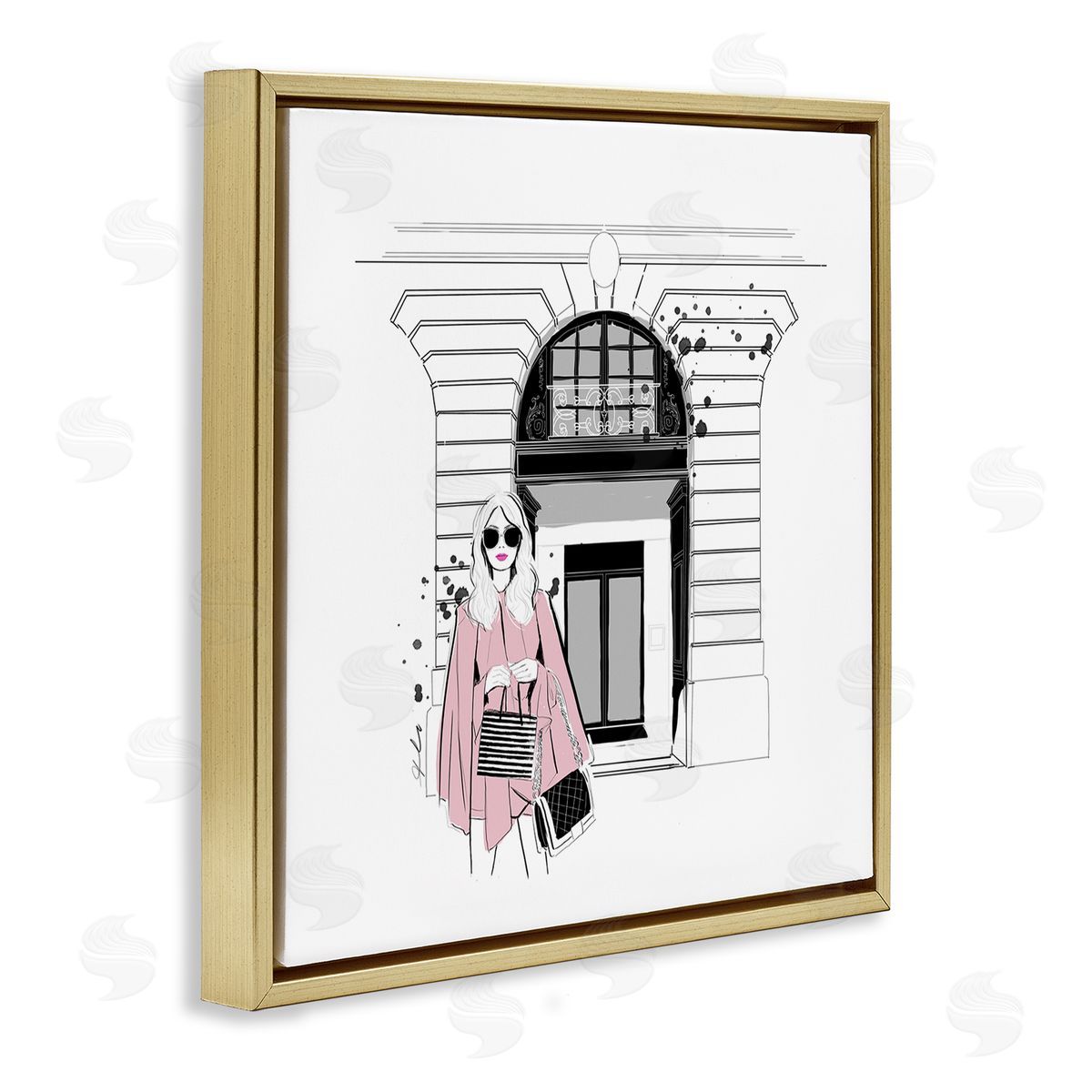 Alison Petrie Fashion Girl Town Storefront Gold Floating Frame Canvas Wall Art Print