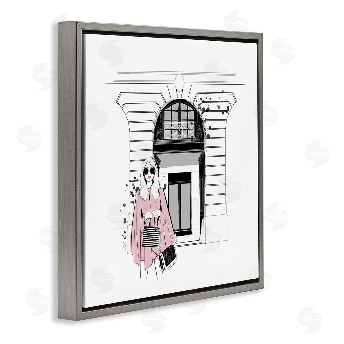 Alison Petrie Fashion Girl Town Storefront Gray Floating Frame Canvas Wall Art Print