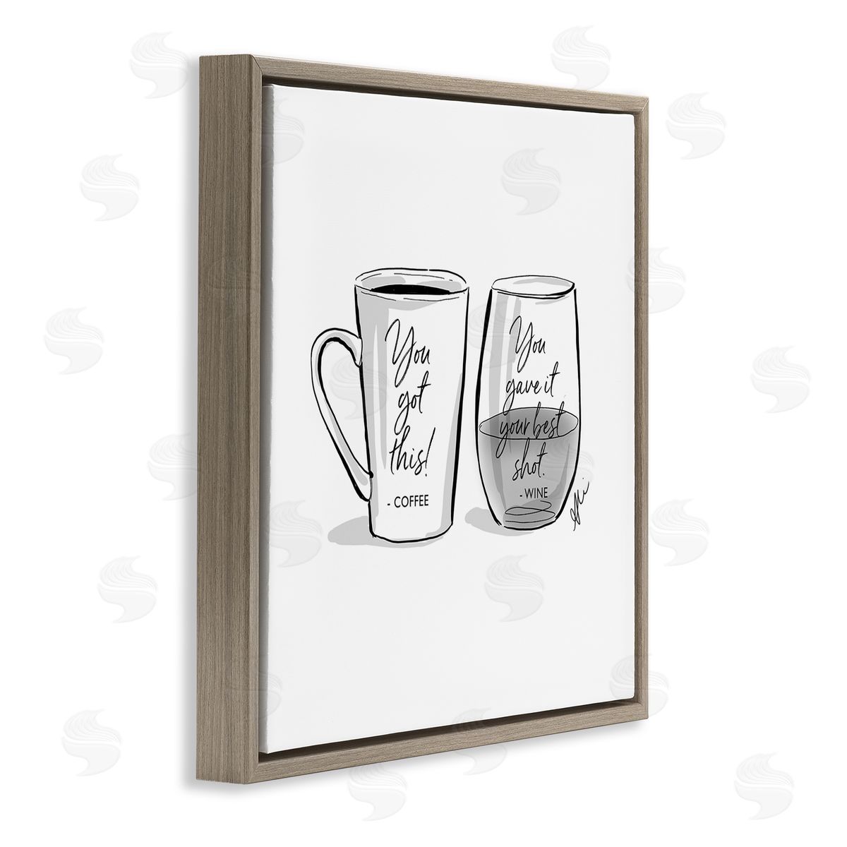Alison Petrie Funny Coffee & Wine Phrase Brown Floating Frame Canvas Wall Art Print