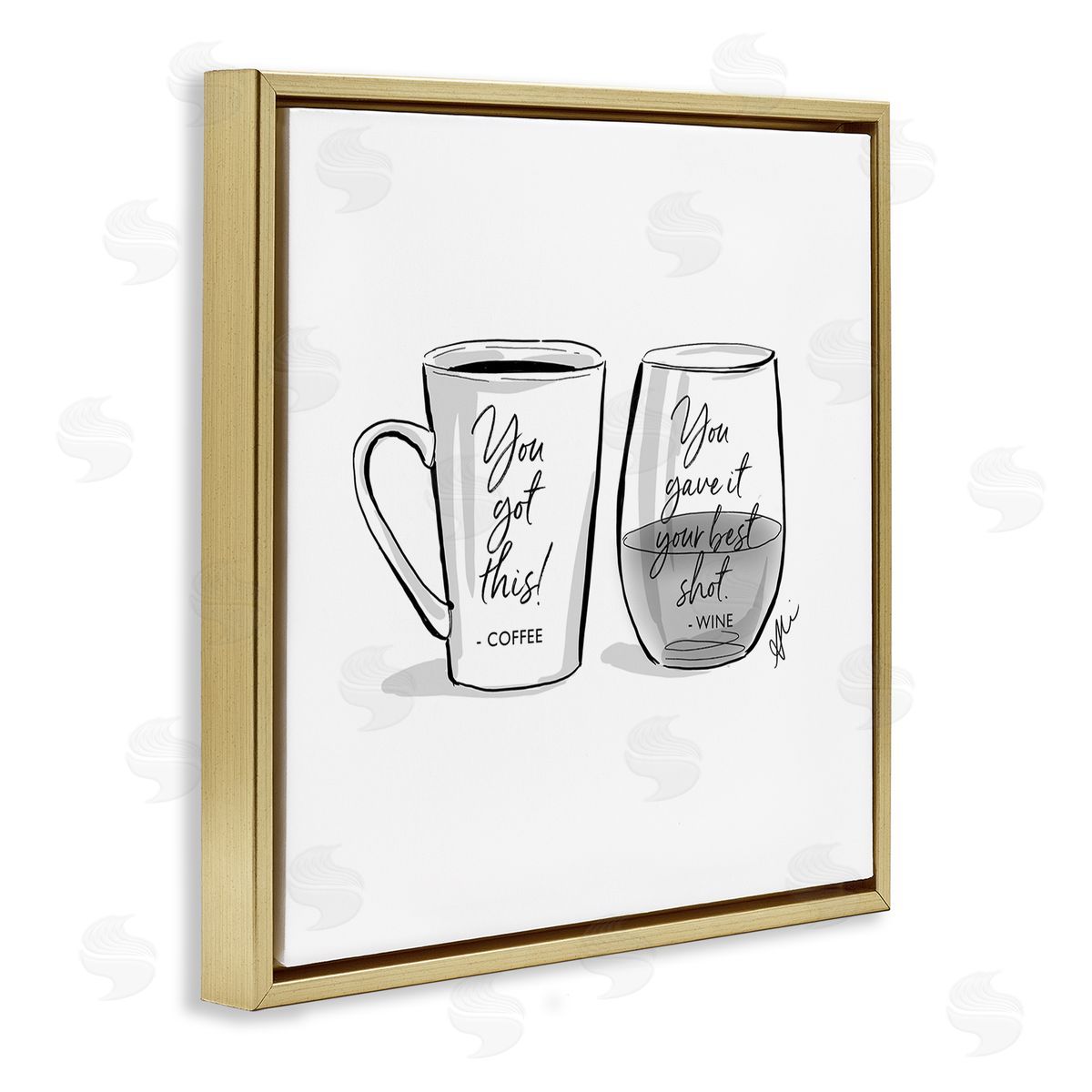 Alison Petrie Funny Coffee & Wine Phrase Gold Floating Frame Canvas Wall Art Print