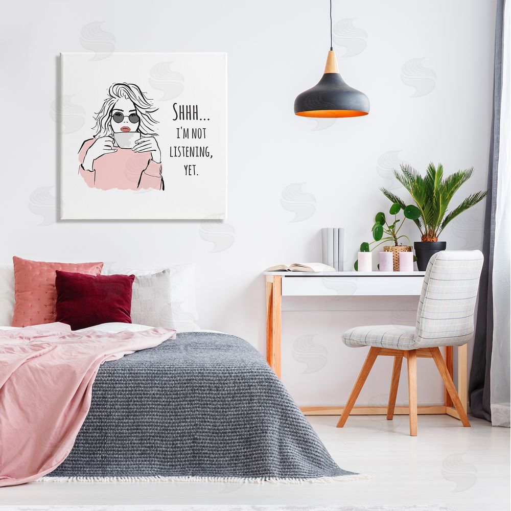 Alison Petrie Not Listening Yet Funny Coffee Canvas Wall Art in Room