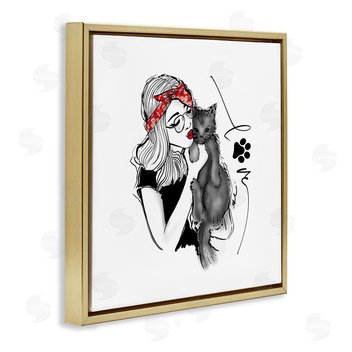 Alison Petrie Love Glam Cat Cuddle Gold Floating Frame Canvas Wall Art Print