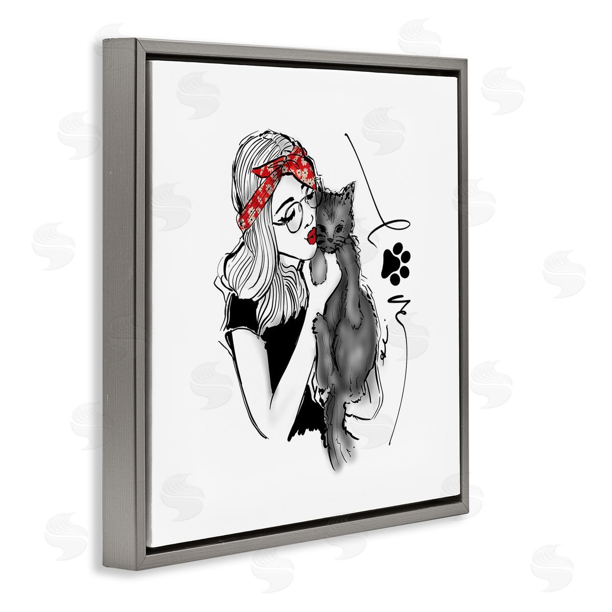 Alison Petrie Love Glam Cat Cuddle Gray Floating Frame Canvas Wall Art Print