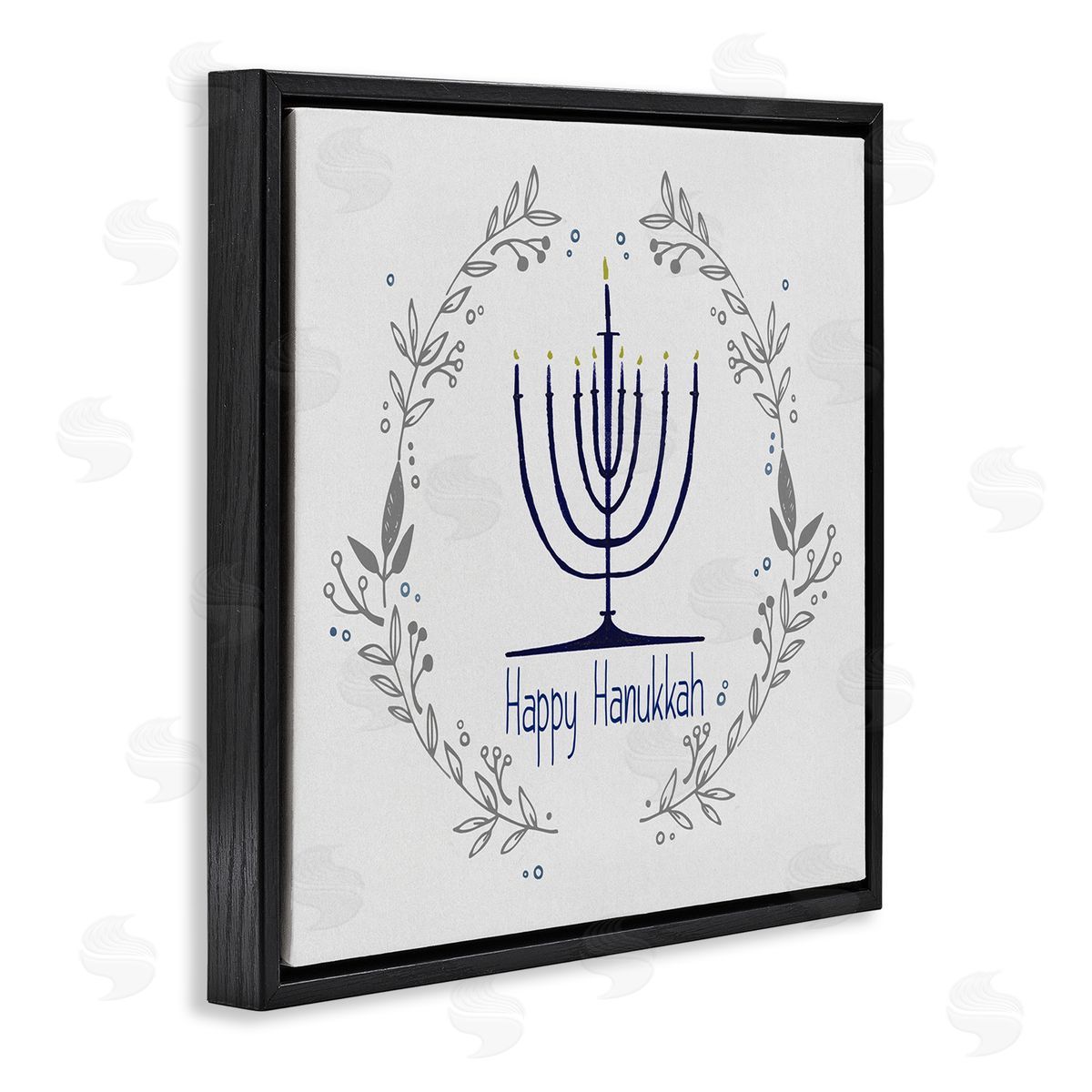 Susan Jill Happy Hanukkah Botanical Wreath Black Floating Frame Canvas Wall Art Print