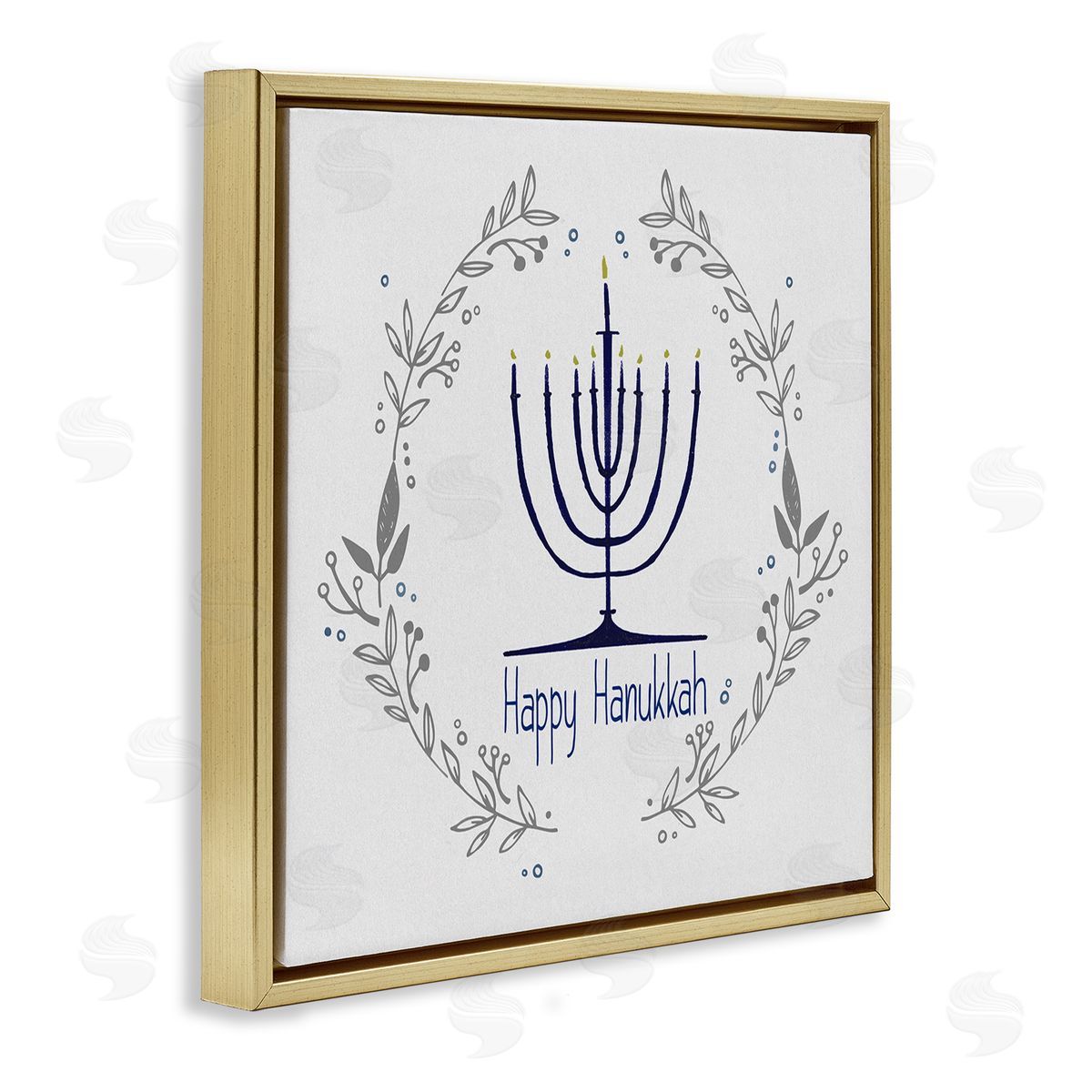 Susan Jill Happy Hanukkah Botanical Wreath Gold Floating Frame Canvas Wall Art Print