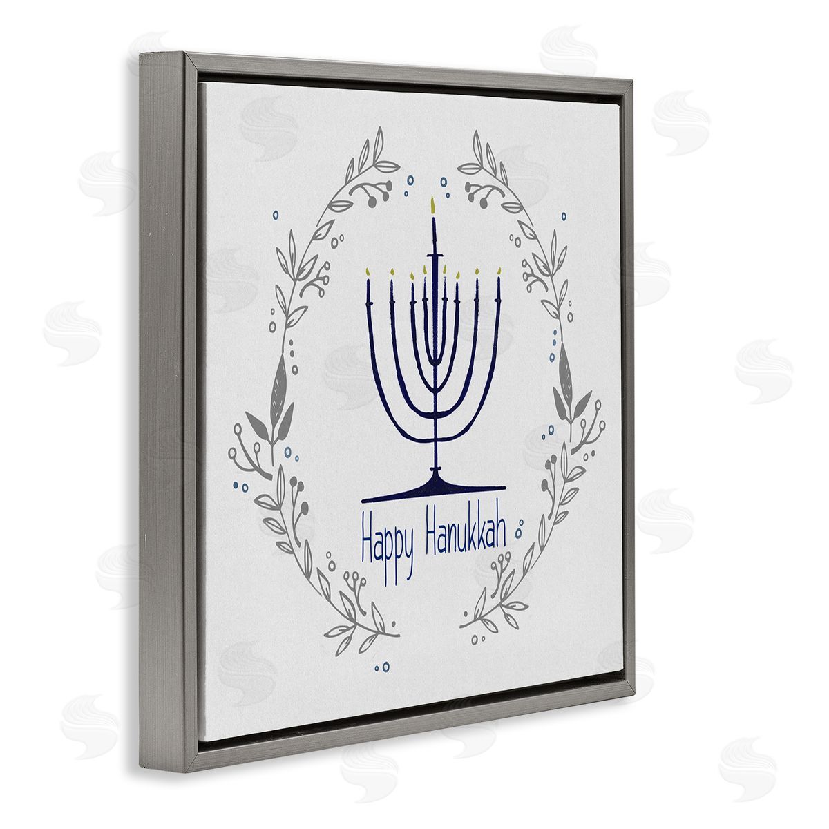 Susan Jill Happy Hanukkah Botanical Wreath Gray Floating Frame Canvas Wall Art Print