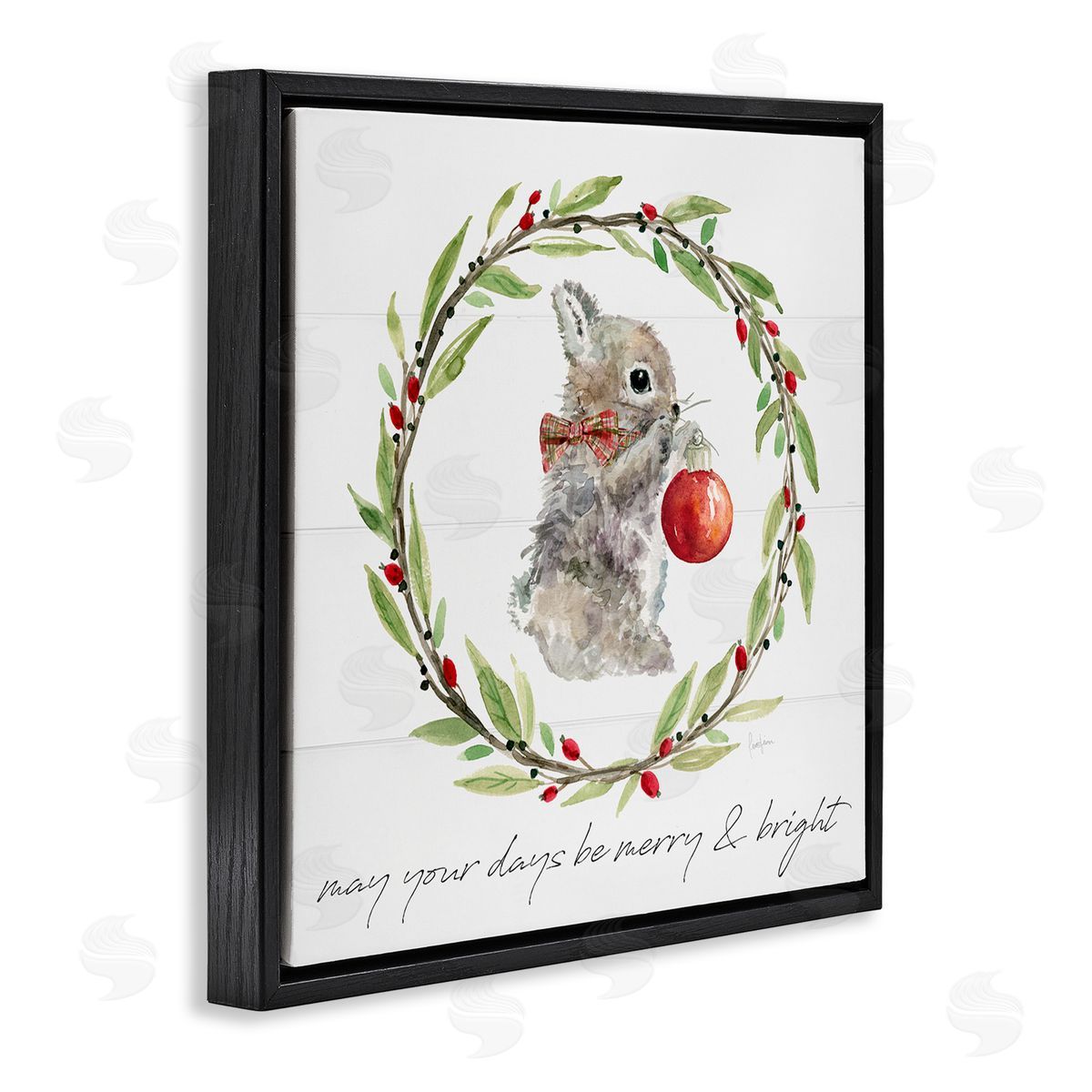 Livi Finn Merry & Bright Bunny Wreath Black Floating Frame Canvas Wall Art Print