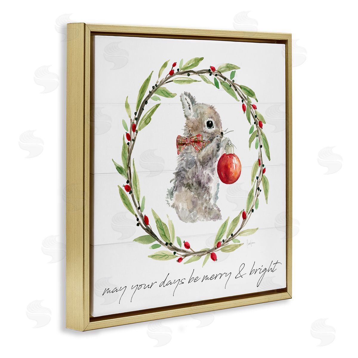 Livi Finn Merry & Bright Bunny Wreath Gold Floating Frame Canvas Wall Art Print