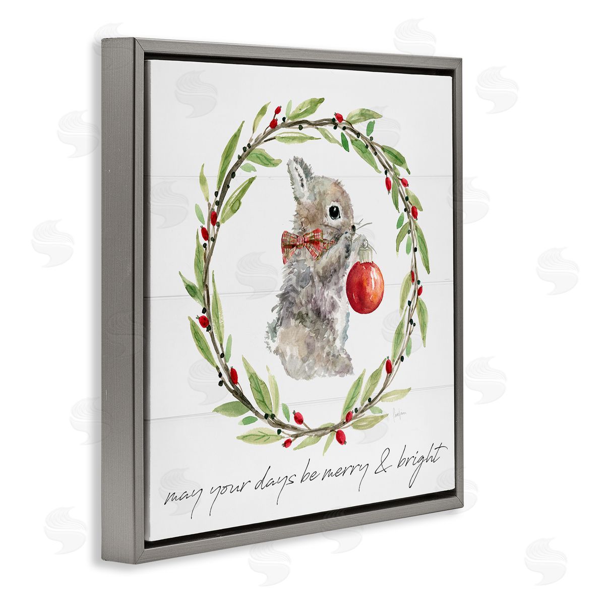 Livi Finn Merry & Bright Bunny Wreath Gray Floating Frame Canvas Wall Art Print