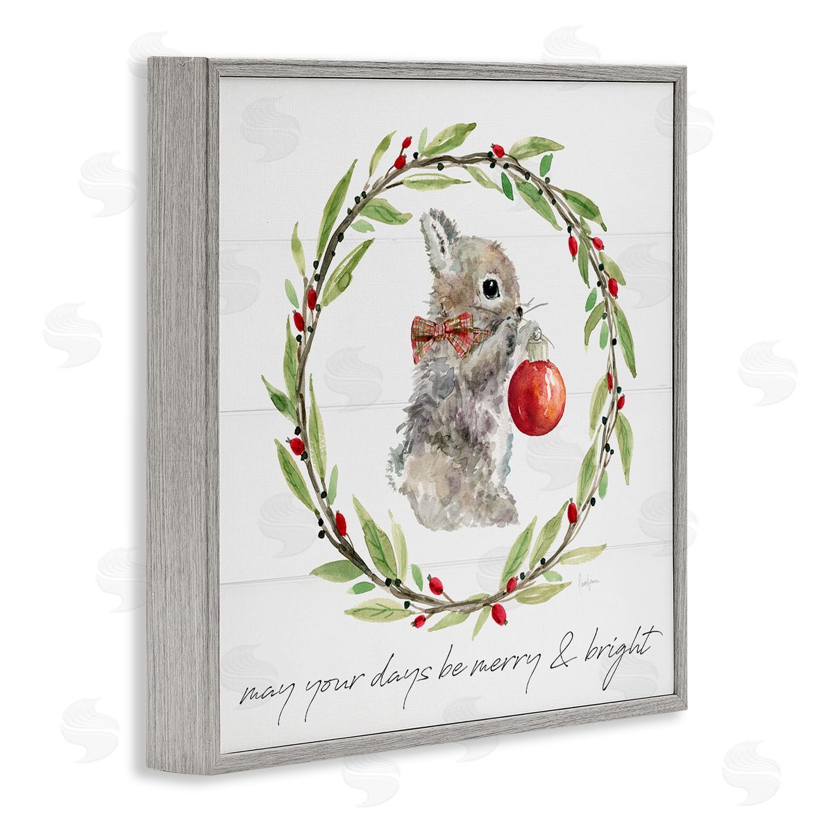 Livi Finn Merry & Bright Bunny Wreath Gray Framed Glicee Wall Art Print
