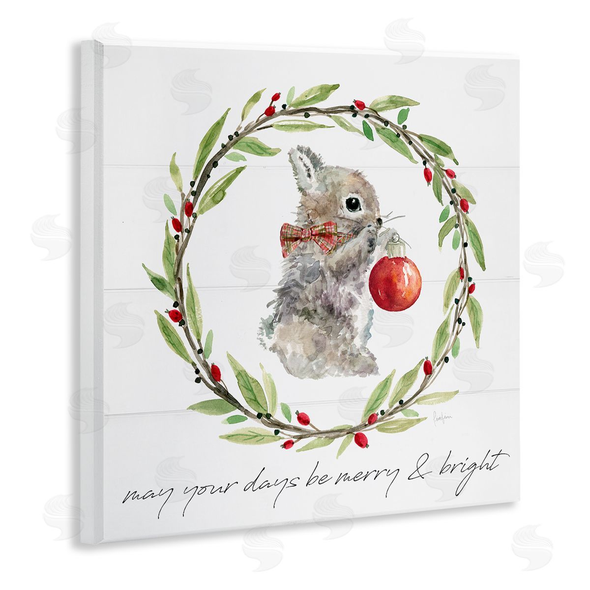 Livi Finn Merry & Bright Bunny Wreath Wooden Wall Plaque Art Print