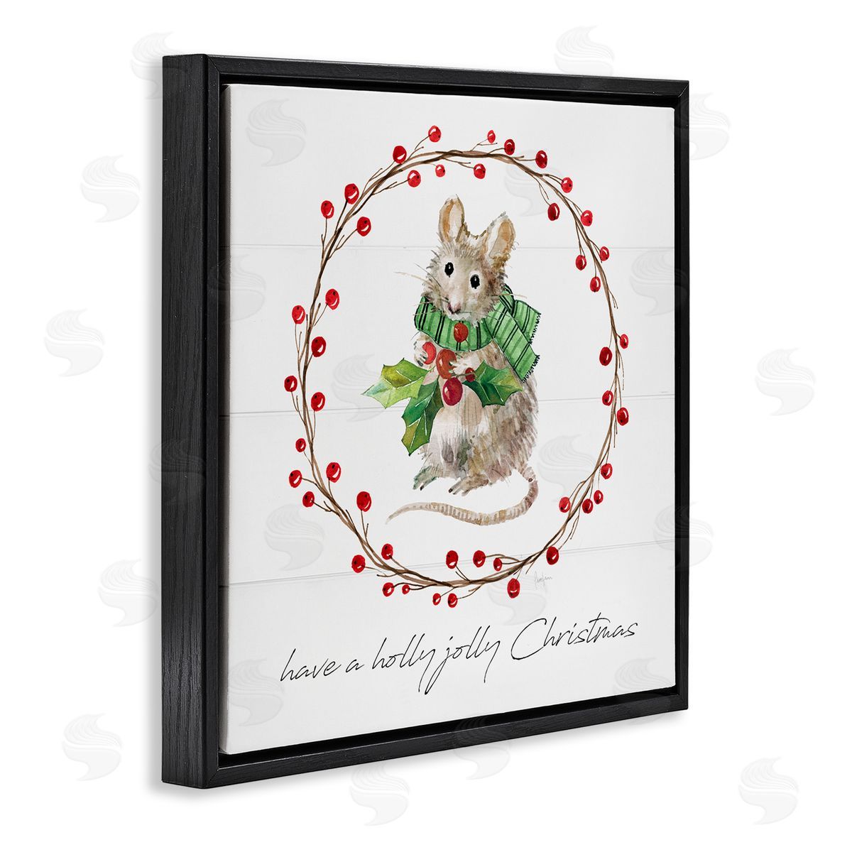 Livi Finn Holly Jolly Christmas Mouse Black Floating Frame Canvas Wall Art Print