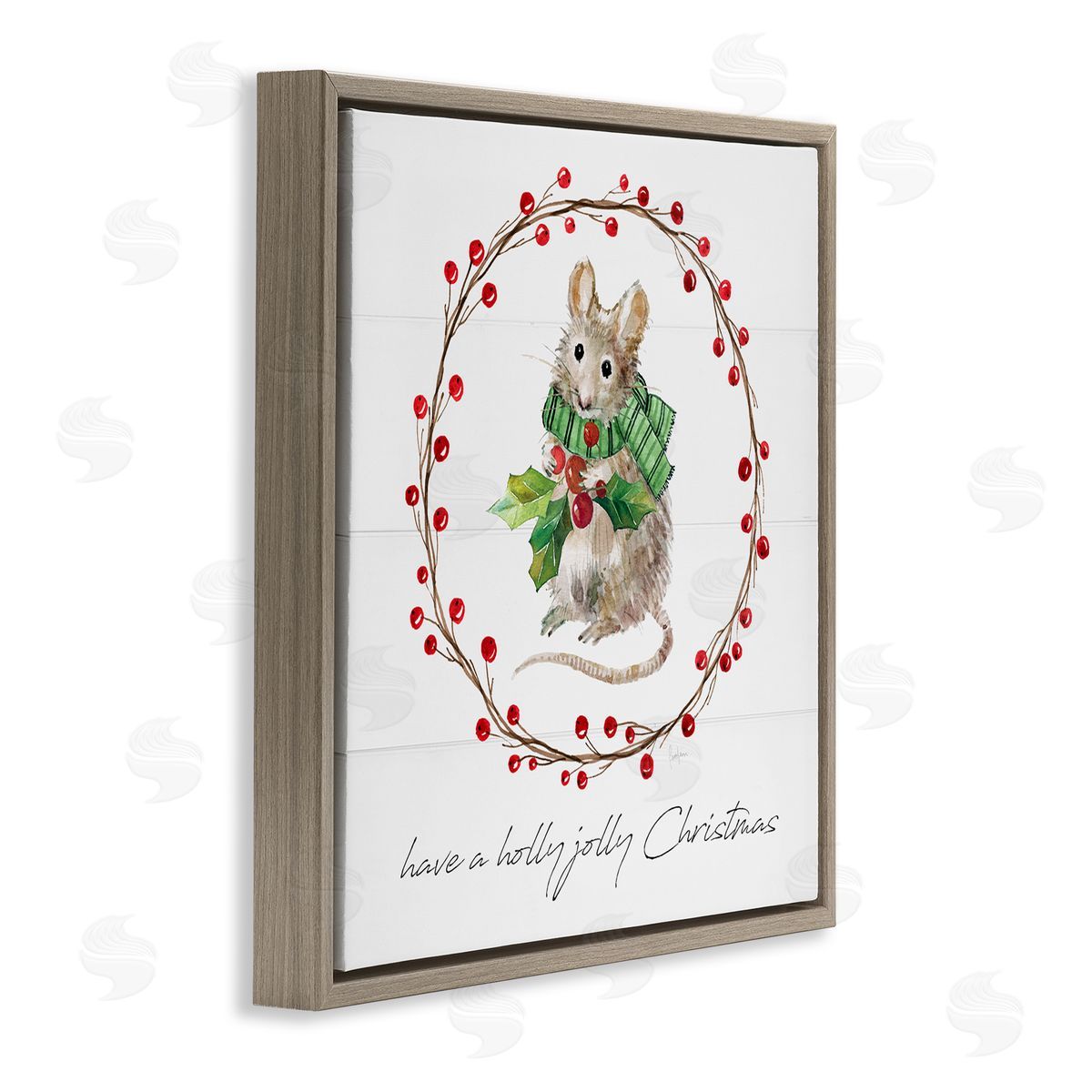 Livi Finn Holly Jolly Christmas Mouse Brown Floating Frame Canvas Wall Art Print