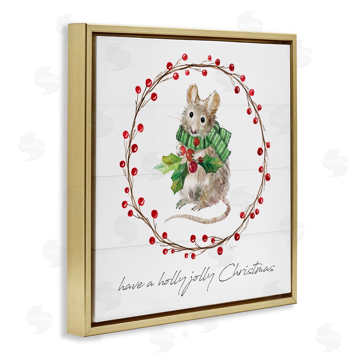 Livi Finn Holly Jolly Christmas Mouse Gold Floating Frame Canvas Wall Art Print