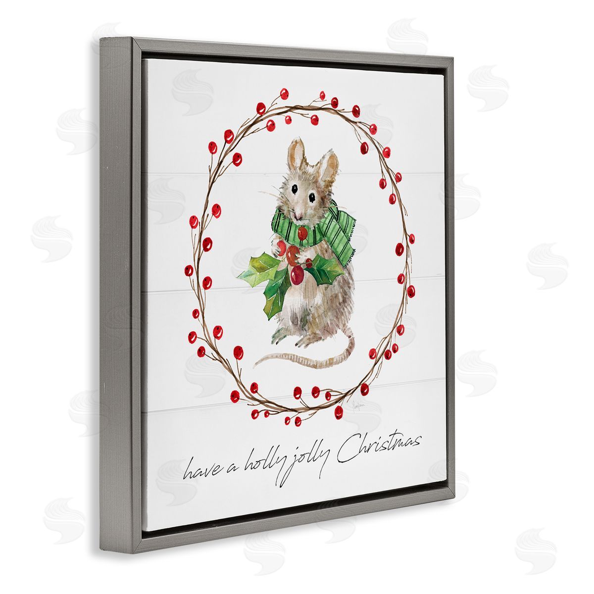 Livi Finn Holly Jolly Christmas Mouse Gray Floating Frame Canvas Wall Art Print